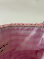 Pochette trousse de maquillage rose pastel en crochet fait main 100% coton et tissu vichy rose