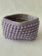 Pochette trousse de maquillage violet pastel lila en crochet fait main 100% coton et tissu fleuri