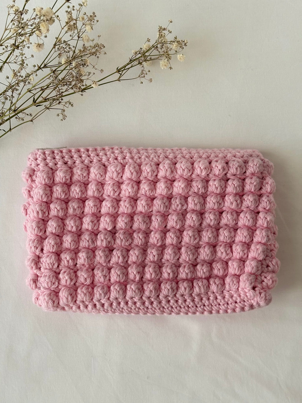 Pochette trousse de maquillage rose pastel en crochet fait main 100% coton 