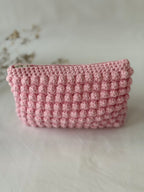 Pochette trousse de maquillage rose pastel en crochet fait main 100% coton 